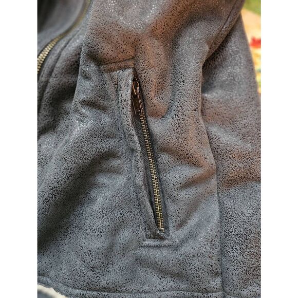 prAna Jacket Faux Leather Sherpa Grey Lined Full Zip Long Small EUC - Picture 8 of 12
